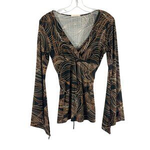Vintage Forever 21 Y2K Black & Brown Abstract Print Bell Sleeve Slit Top MEDIUM